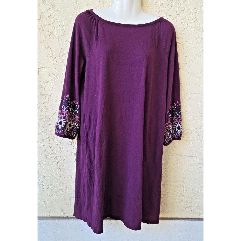 J. Jill Plum Purple Embroidered Long Sleeve Shift Dress SMALL Pockets Boat Neck